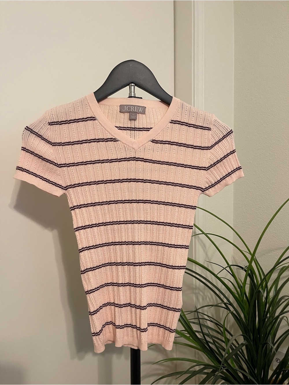 J. Crew Soft Pink Ribbed V-Neck Tee with Stripe